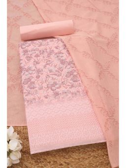 Soch - Womens Peach Cotton Floral Unstitch Dress Material with Thread Work