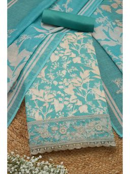 Soch - Womens Turquoise Blue Jam Cotton Floral Unstitch Dress Material with Thread Work