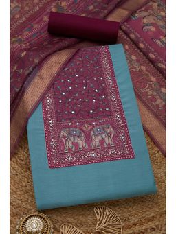 Soch - Womens Powder Blue Vatican Silk Botanical Unstitch Dress Material with Mirror Work