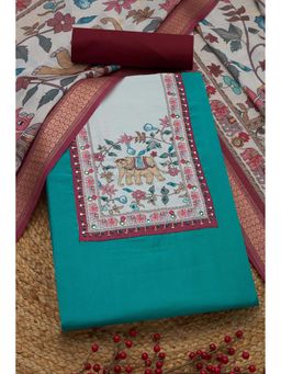 Soch - Womens Teal Green Vatican Silk Botanical Unstiched Dress Material with Zari