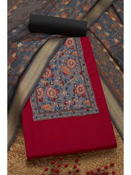 Soch - Womens Maroon Vatican Silk Floral Unstiched Dress Material with Zari