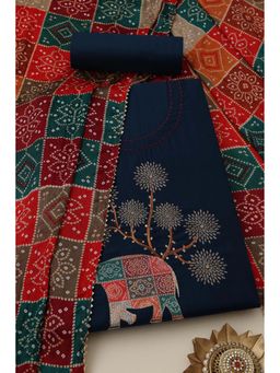 Soch - Womens Navy Blue Vatican Silk Embroidered Unstiched Dress Material with Thread Work