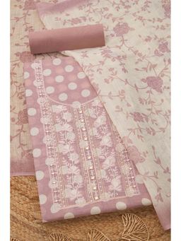 Soch - Womens Blush Pink Linen Blend Polka Dot Unstiched Dress Material with Mirror Work