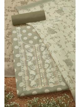 Soch - Womens Olive Linen Blend Polka Dot Unstiched Dress Material with Mirror Work