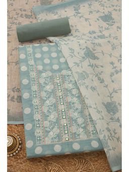 Soch - Womens Turquoise Blue Linen Blend Polka Dot Unstiched Dress Material with Mirror Work