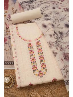 Soch - Womens Cream Linen Blend Botanical Unstiched Dress Material with Sequins