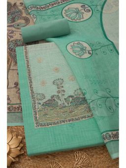 Soch - Womens Turquoise Blue Kota Ethnic Motifs Unstitch Dress Material with Zari