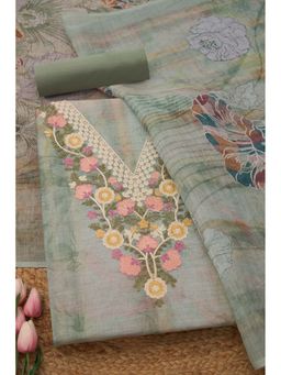 Soch - Womens Sap Green Linen Blend Floral Unstiched Dress Material with Thread Work