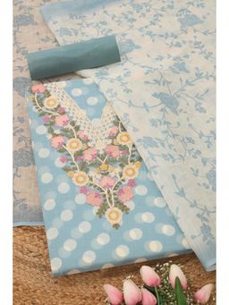 Soch - Womens Powder Blue Linen Blend Polka Dot Unstiched Dress Material with Thread Work