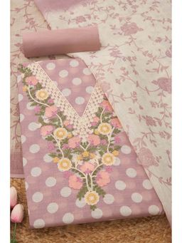 Soch - Womens Lavender Linen Blend Polka Dot Unstiched Dress Material with Thread Work