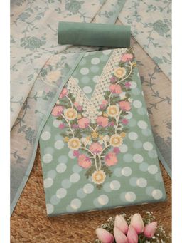 Soch - Womens Sap Green Linen Blend Polka Dot Unstiched Dress Material with Thread Work