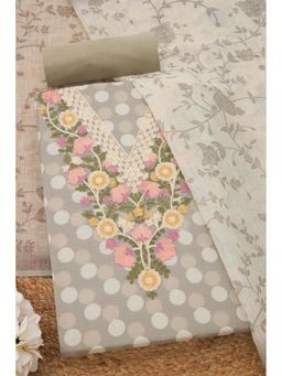 Soch - Womens Olive Linen Blend Polka Dot Unstiched Dress Material with Thread Work