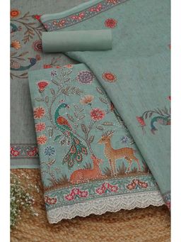 Soch - Womens Green Linen Blend Botanical Unstiched Dress Material with Thread Work