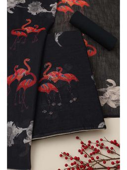 Soch - Womens Black Linen Blend Botanical Unstiched Dress Material with Sequins