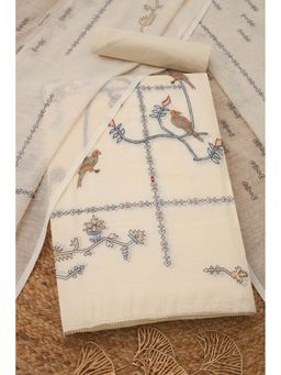 Soch - Womens Cream Linen Blend Bird Motifs Unstiched Dress Material with Thread Work