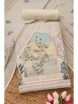 Soch - Womens Beige Linen Blend Botanical Unstiched Dress Material with Thread Work