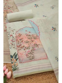 Soch - Womens Light Green Linen Blend Botanical Unstiched Dress Material with Thread Work