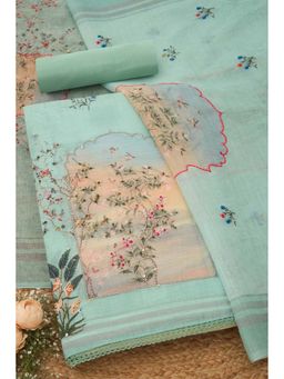 Soch - Womens Sap Green Linen Blend Botanical Unstitch Dress Material with Thread Work