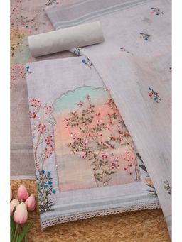 Soch - Womens Grey Linen Blend Botanical Unstiched Dress Material with Thread Work