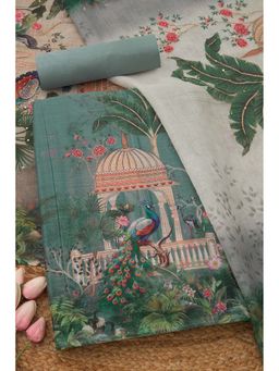 Soch - Womens Linen Blend Botanical Unstiched Dress Material with Thread Work