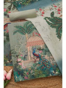 Soch - Womens Olive Linen Blend Botanical Unstiched Dress Material with Thread Work