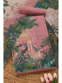 Soch - Womens Pink Linen Blend Botanical Unstiched Dress Material with Thread Work