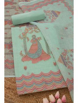 Soch - Womens Sap Green Kota Ethnic Motifs Unstitch Dress Material with Cut Dana