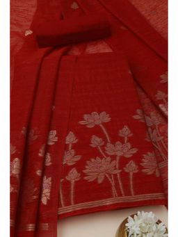 Soch - Womens Red Art Silk Floral Unstiched Dress Material with Zari Woven