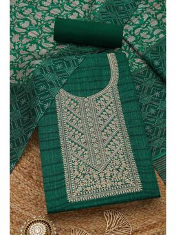 Soch - Womens Teal Green Art Tussar Embroidered Unstiched Dress Material with Zari
