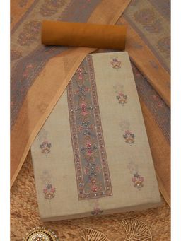 Soch - Womens Beige Linen Shimmer Floral Unstitch Dress Material with Sequins