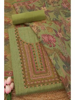 Soch - Womens Green Linen Shimmer Embroidered Unstiched Dress Material with Thread Work