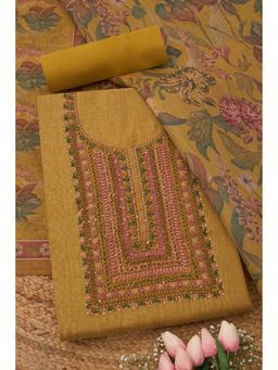 Soch - Womens Mustard Linen Shimmer Embroidered Unstiched Dress Material with Thread Work