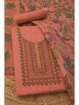 Soch - Womens Peach Linen Shimmer Embroidered Unstitch Dress Material with Thread Work