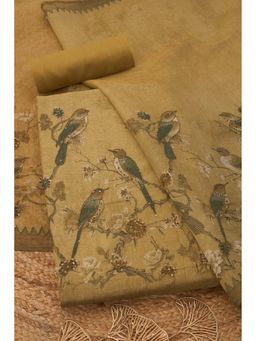 Soch - Womens Mustard Linen Shimmer Bird Motifs Unstiched Dress Material with Thread Work