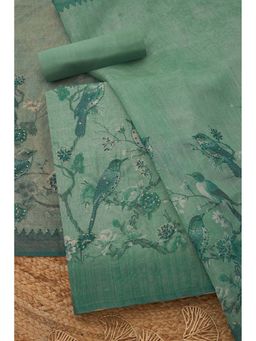 Soch - Womens Turquoise Linen Shimmer Bird Motifs Unstiched Dress Material with Thread Work