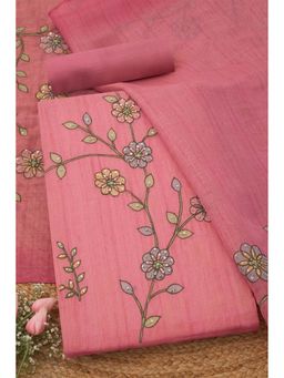 Soch - Womens Pink Linen Shimmer Floral Unstiched Dress Material with Thread Work