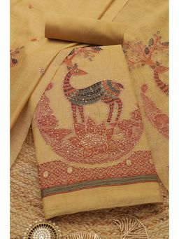 Soch - Womens Beige Chanderi Woven Design Unstiched Dress Material with Thread Work