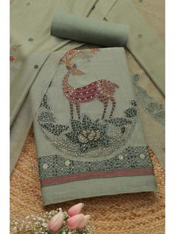 Soch - Womens Turquoise Blue Chanderi Woven Design Unstitch Dress Material with Thread Work