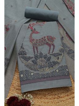 Soch - Womens Indigo Chanderi Woven Design Unstiched Dress Material with Thread Work