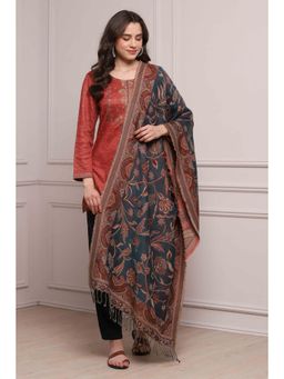 Biba - Women Teal Cotton Blend Yarn Dyed Stole