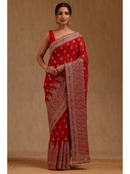 Soch - Womens Red Georgette Embroidered Zari Saree with Unstitched Blouse