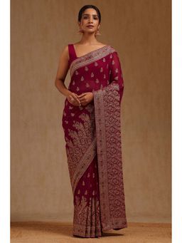 Soch - Womens Wine Georgette Embroidered Zari Saree with Unstitched Blouse