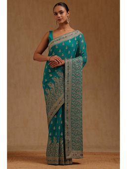 Soch - Womens Turquoise Blue Georgette Embroidered Zari Saree with Unstitched Blouse