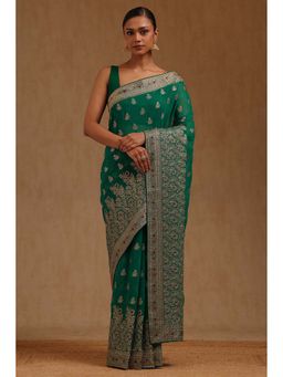 Soch - Womens Teal Green Georgette Embroidered Zari Saree with Unstitched Blouse