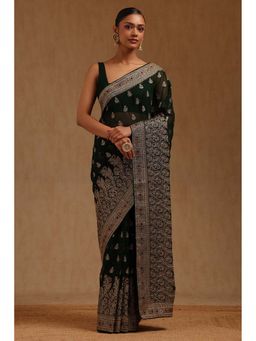 Soch - Womens Green Georgette Embroidered Zari Saree with Unstitched Blouse
