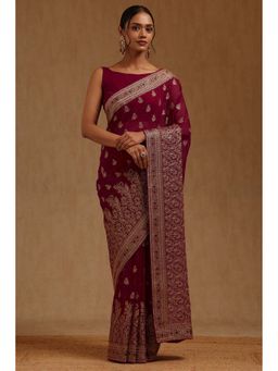 Soch - Womens Maroon Georgette Embroidered Zari Saree with Unstitched Blouse