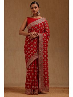 Soch - Womens Red Georgette Embroidered Stone Work Saree with Unstitched Blouse