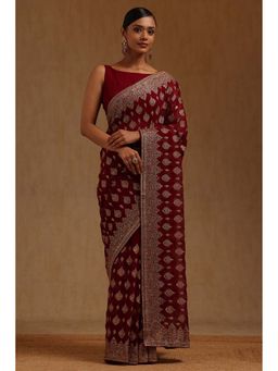 Soch - Womens Wine Georgette Embroidered Stone Work Saree with Unstitched Blouse