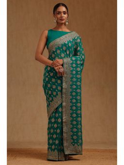 Soch - Womens Green Georgette Embroidered Stone Work Saree with Unstitched Blouse