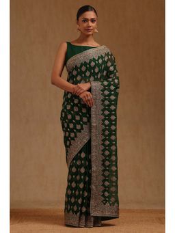 Soch - Womens Green Georgette Embroidered Stone Work Saree with Unstitched Blouse